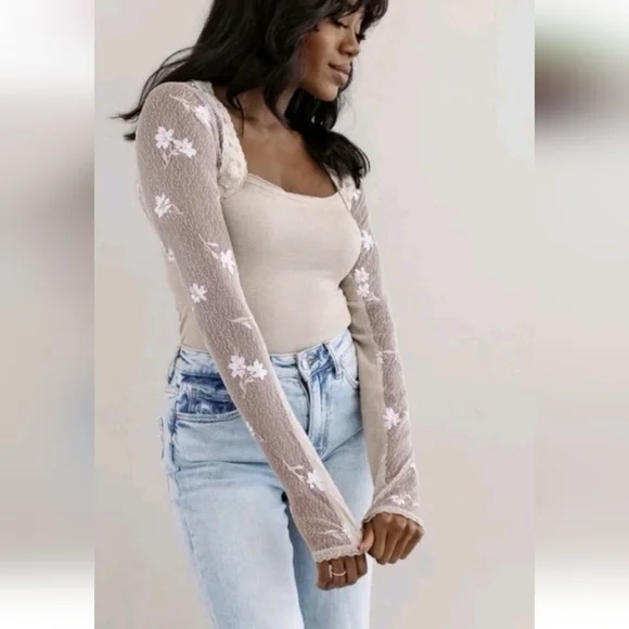 Free People Women’s Small Jolie Long Sheer Sleeves Square Neck Cashmere Camo New - Picture 3 of 10